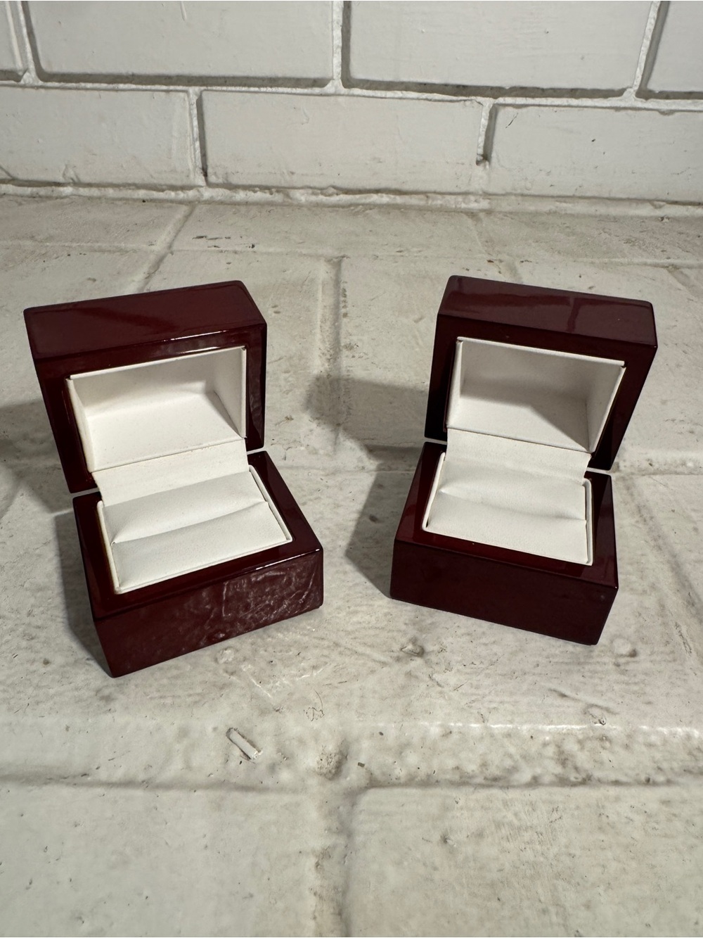 Set of 2 Sturdy Glossy Mahogany-like finish Ring Presentation Boxes 2.5" x 2.25" - Picture 3 of 10